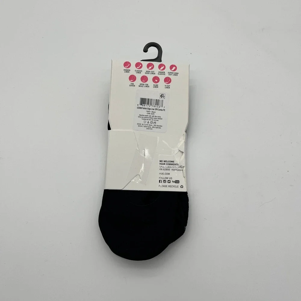 HUE Liner Socks Women One Size Black Perfect Edge 3PR Combo Lace U23066 Pack